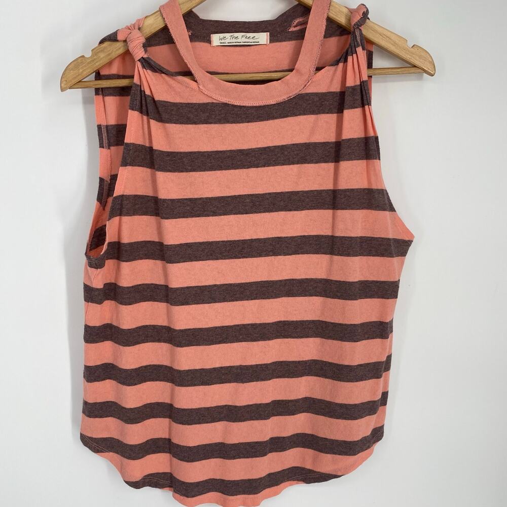 Free People Top Womens Hilary Tank Striped Peach & Black Knotted Straps Bohemian